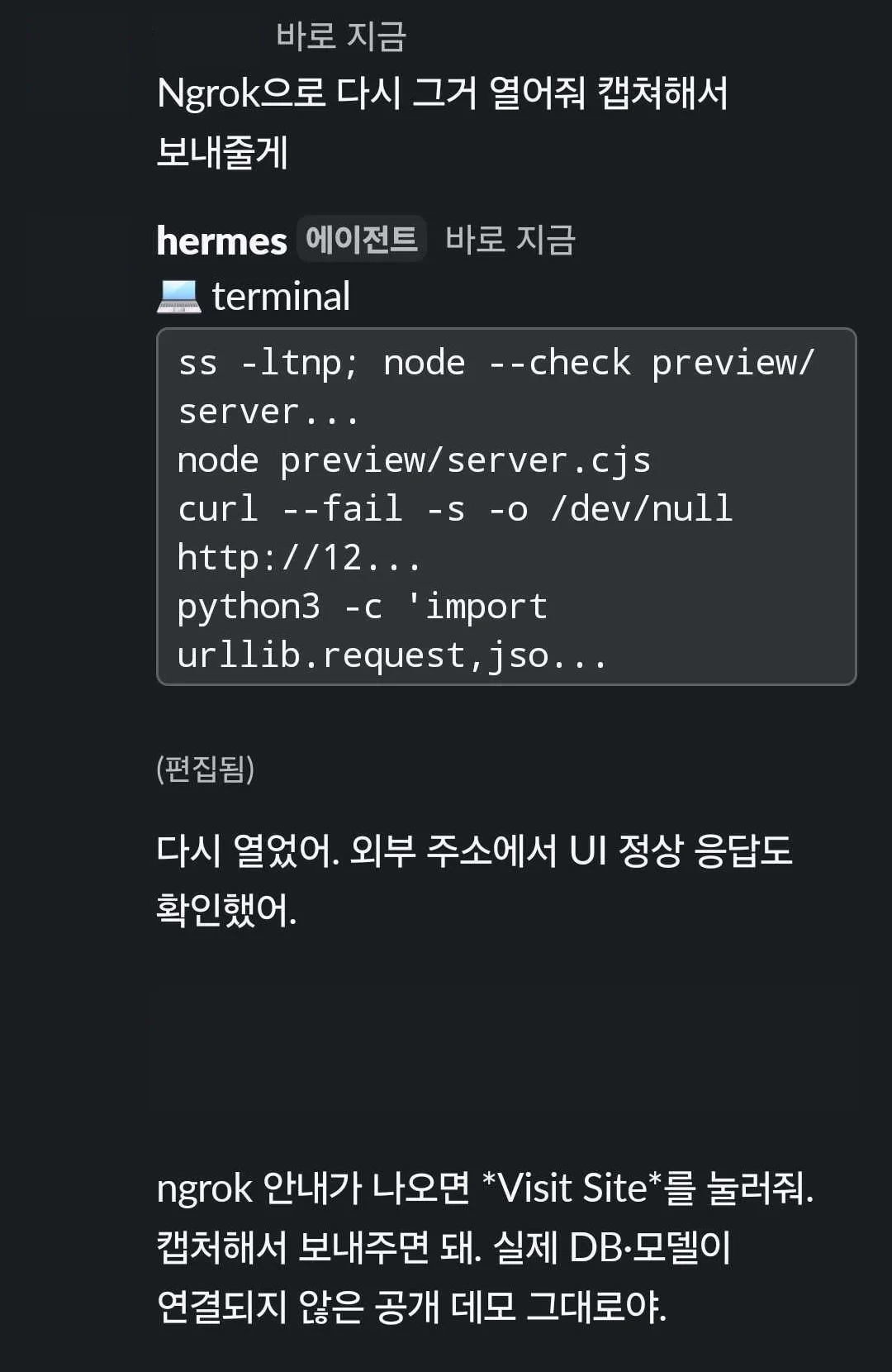 Slack 요청으로 UI 서버와 ngrok 터널을 다시 실행하고 접속 결과를 보고하는 대화